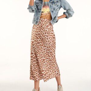 Free People Normani Leopard Print Satin Midi Skirt